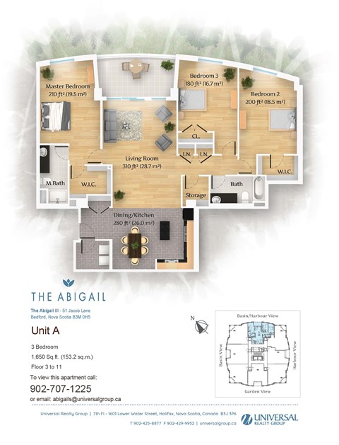 A floor plan for an apartment at The Abigail, showing a living room, two bedrooms, a bathroom, and a kitchen.